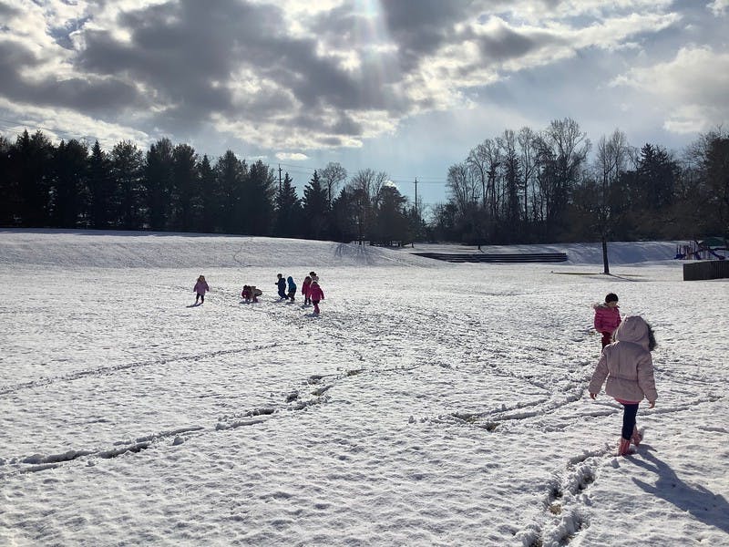 Children walking in a snowy field
