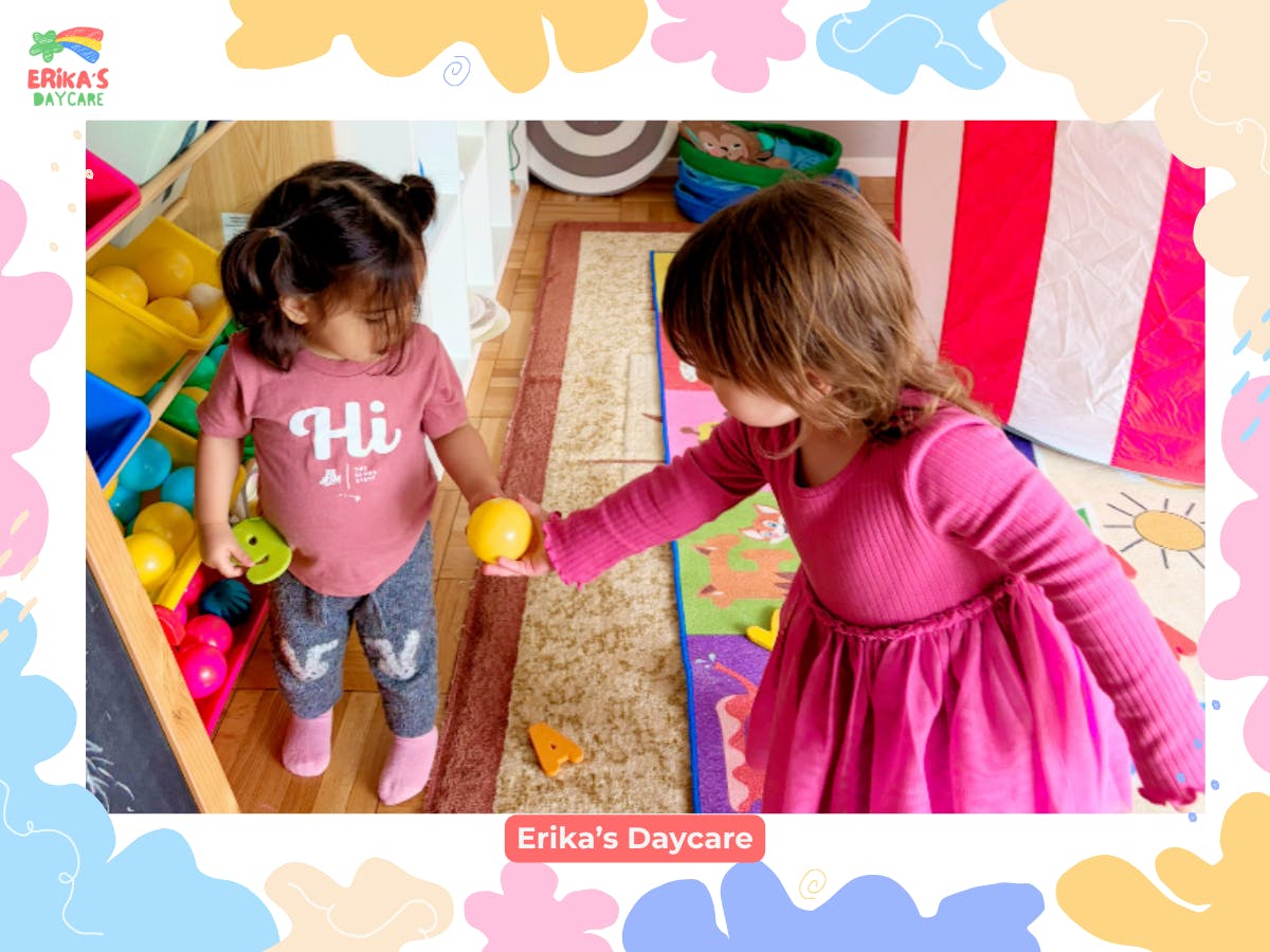 Two children playing with toys in a daycare