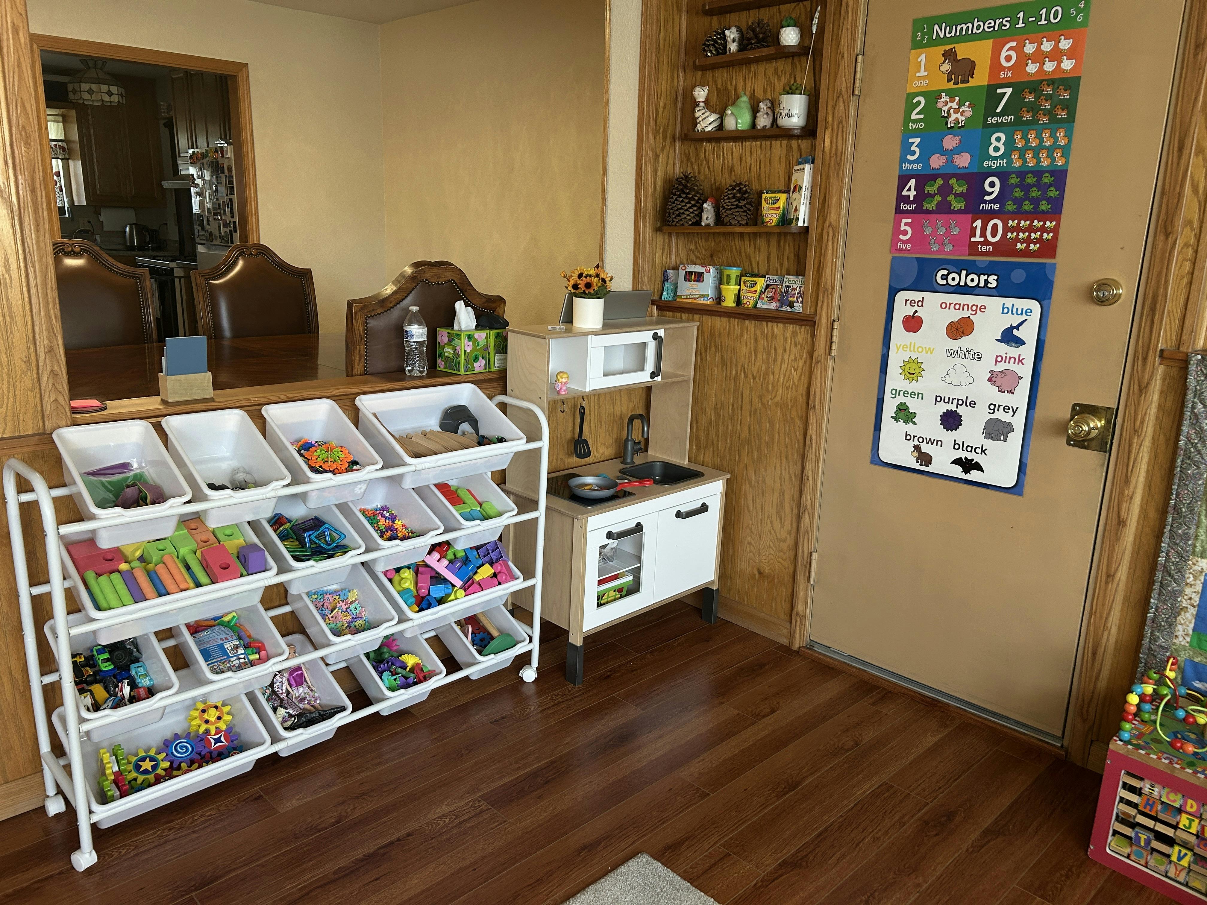 Playroom with a toy storage rack, play kitchen, and educational wall posters