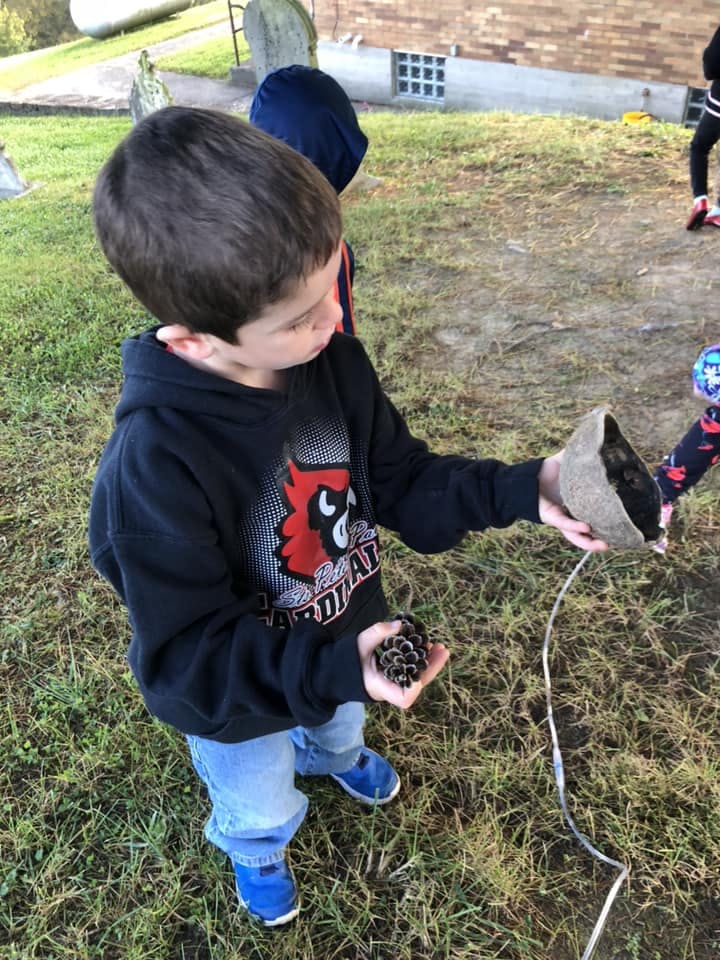 Child holding a pinecone and a piece of bark
