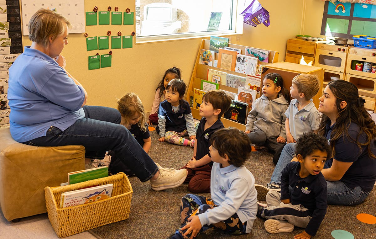 Adult reading to children in a classroom
