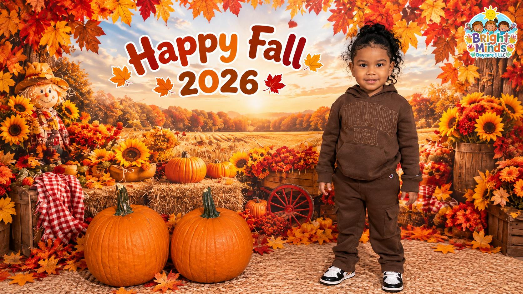 Child standing in front of an autumn themed backdrop with pumpkins
