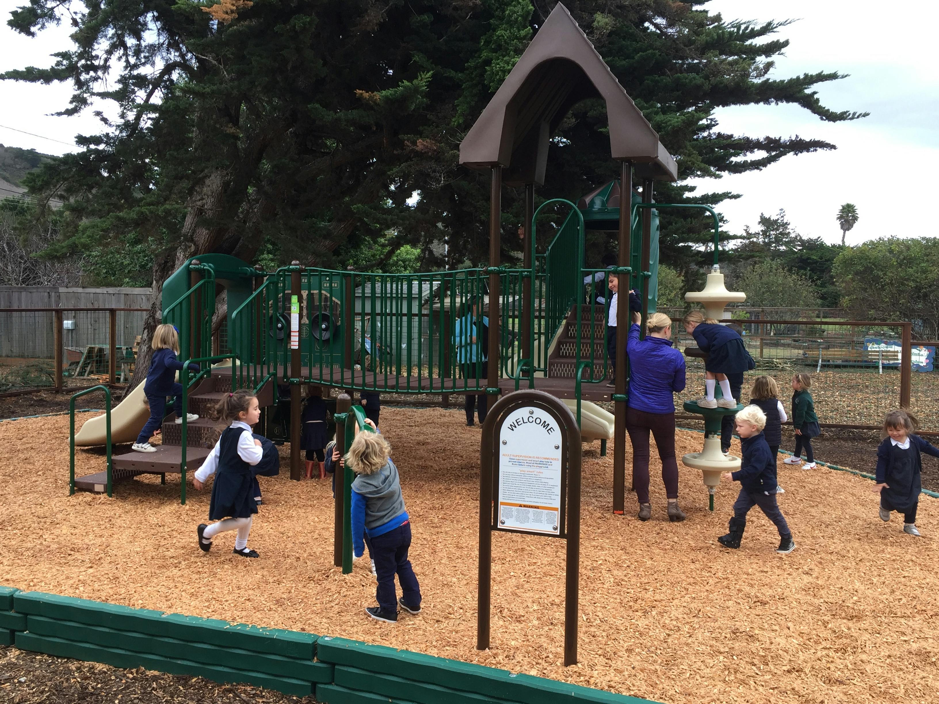 Children and adults playing on a playground structure