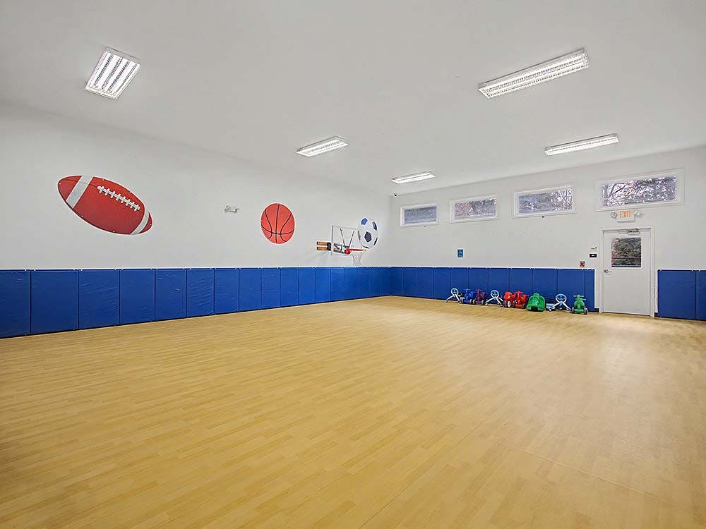 Indoor play area with large sports ball decals on the wall