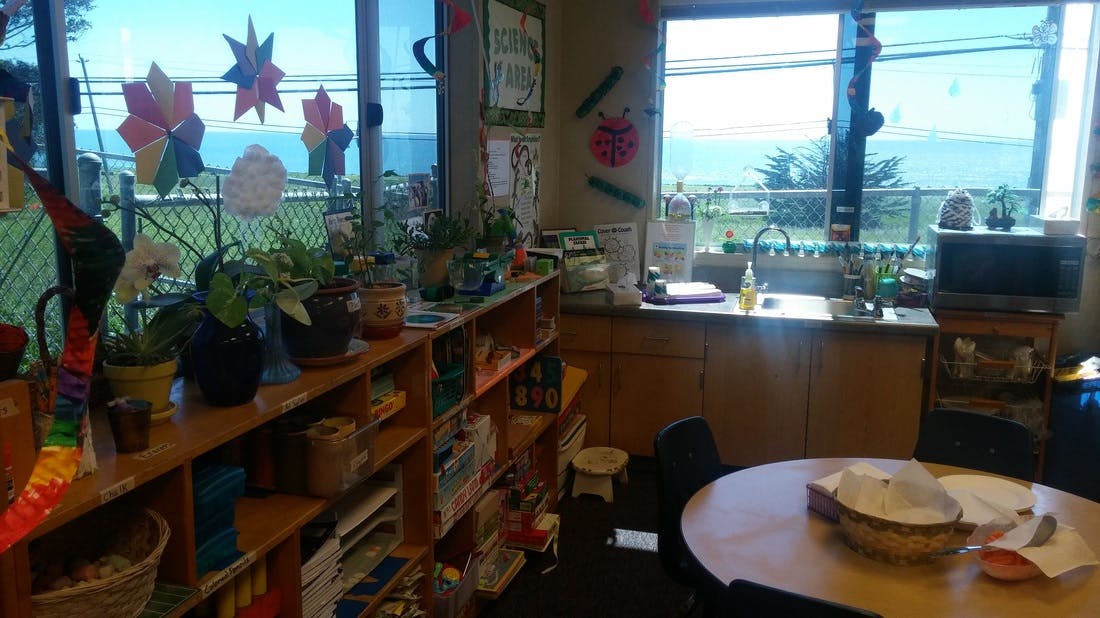 Classroom with shelves, plants, and a window overlooking the ocean