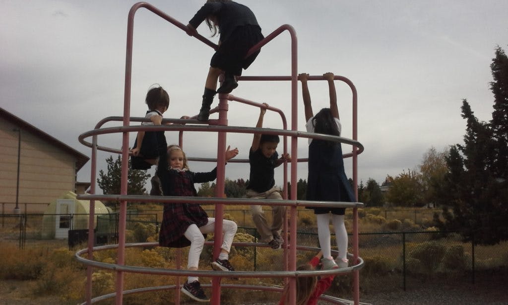 Children climbing on a playground dome