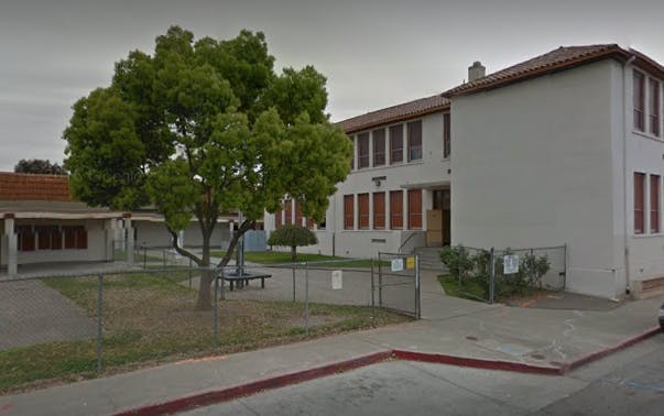 School building with a large tree in front