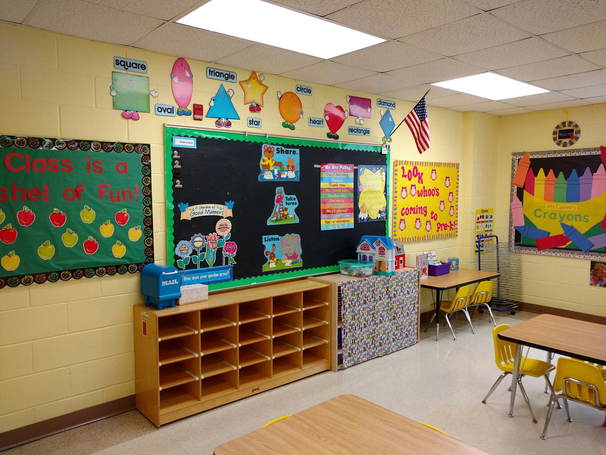 Empty classroom with bulletin boards and small tables