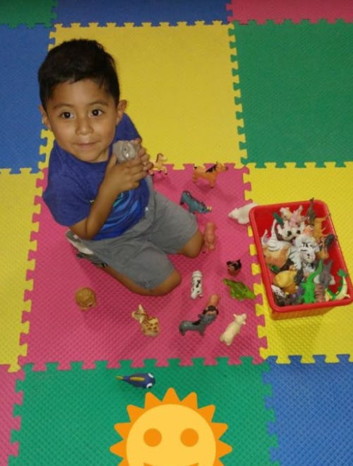 Child playing with animal figurines on a colorful mat
