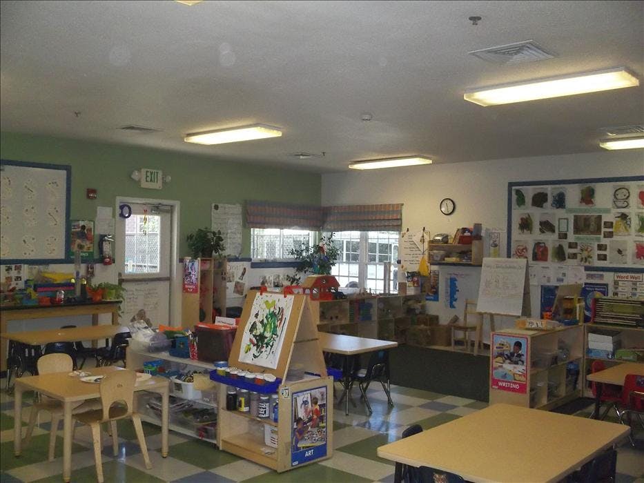 A colorful classroom with child-sized tables and chairs, an easel with abstract art