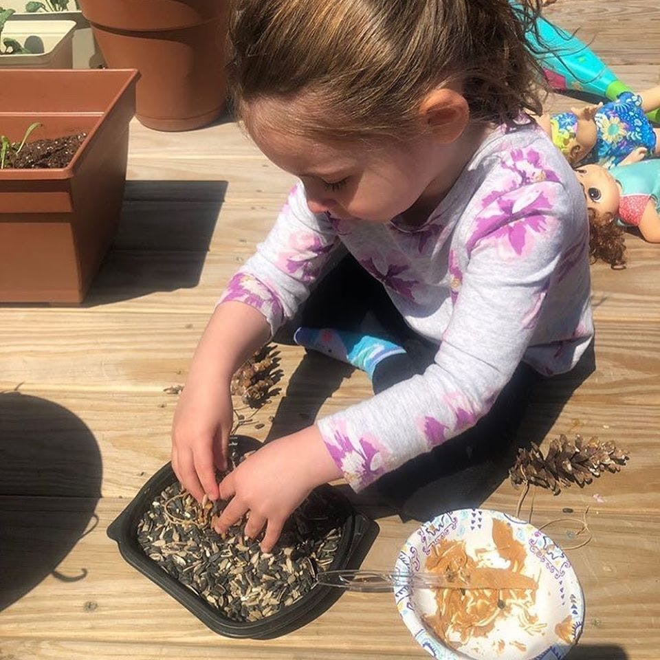 Child preparing bird feeder with seeds