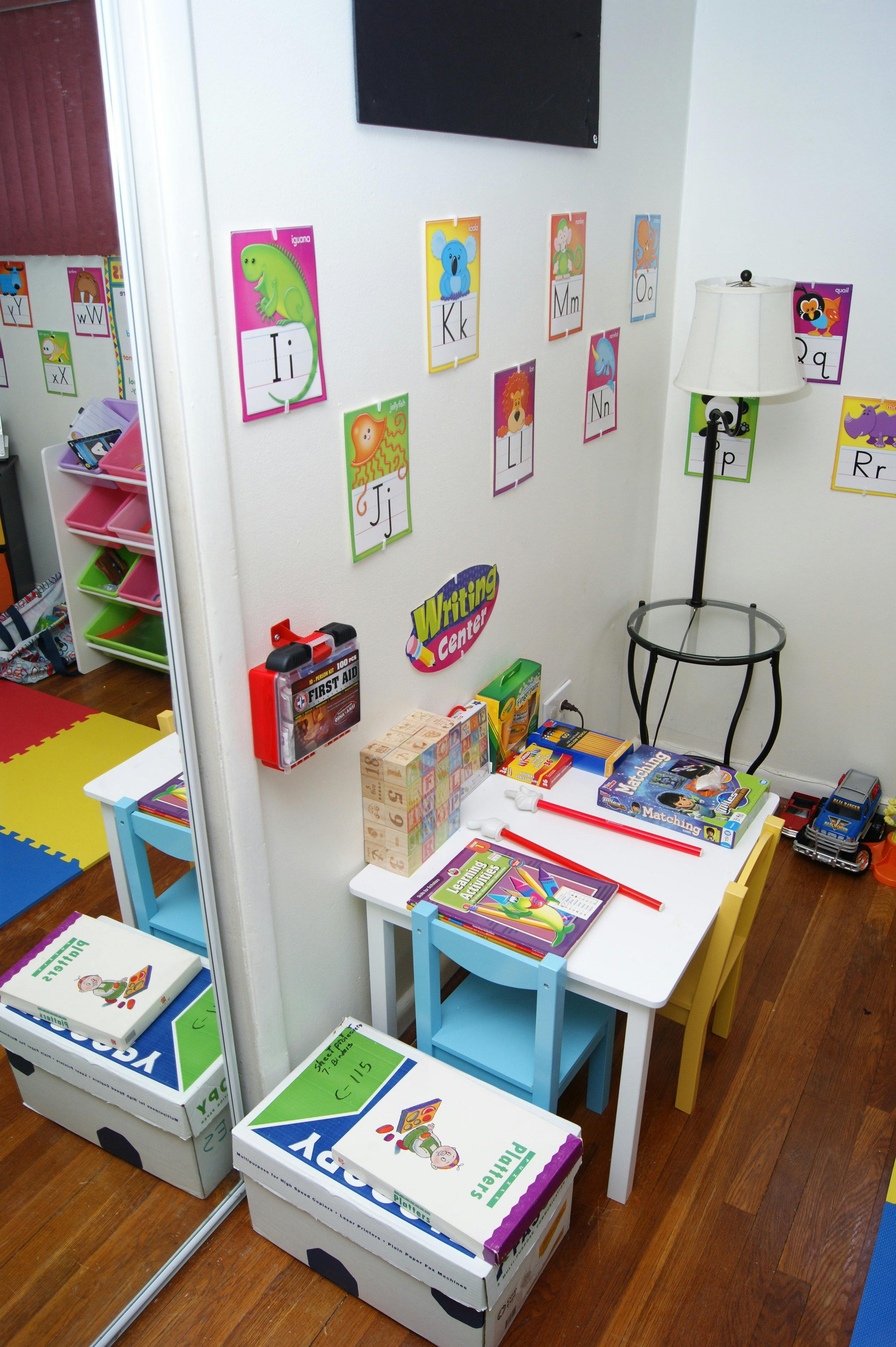 Children's play area with small table and chairs, alphabet cards on wall