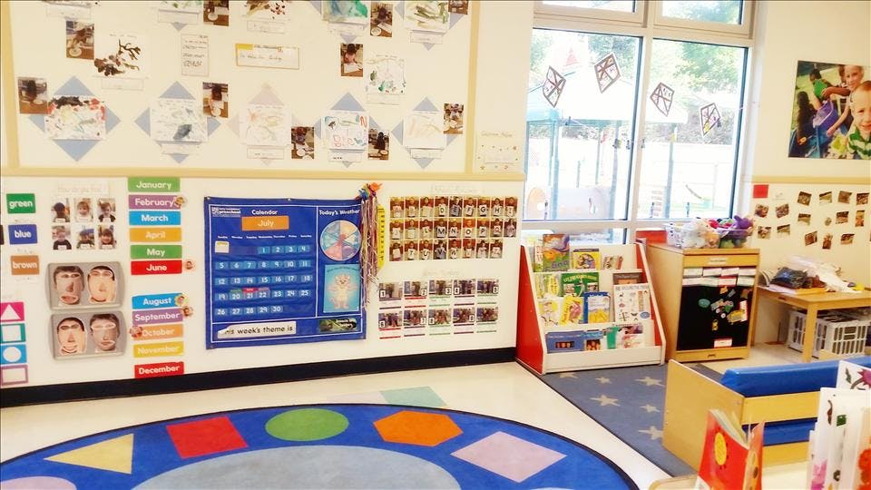 A colorful classroom with a calendar, alphabet chart, and reading area