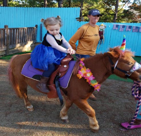 Child riding a pony with a person walking alongside
