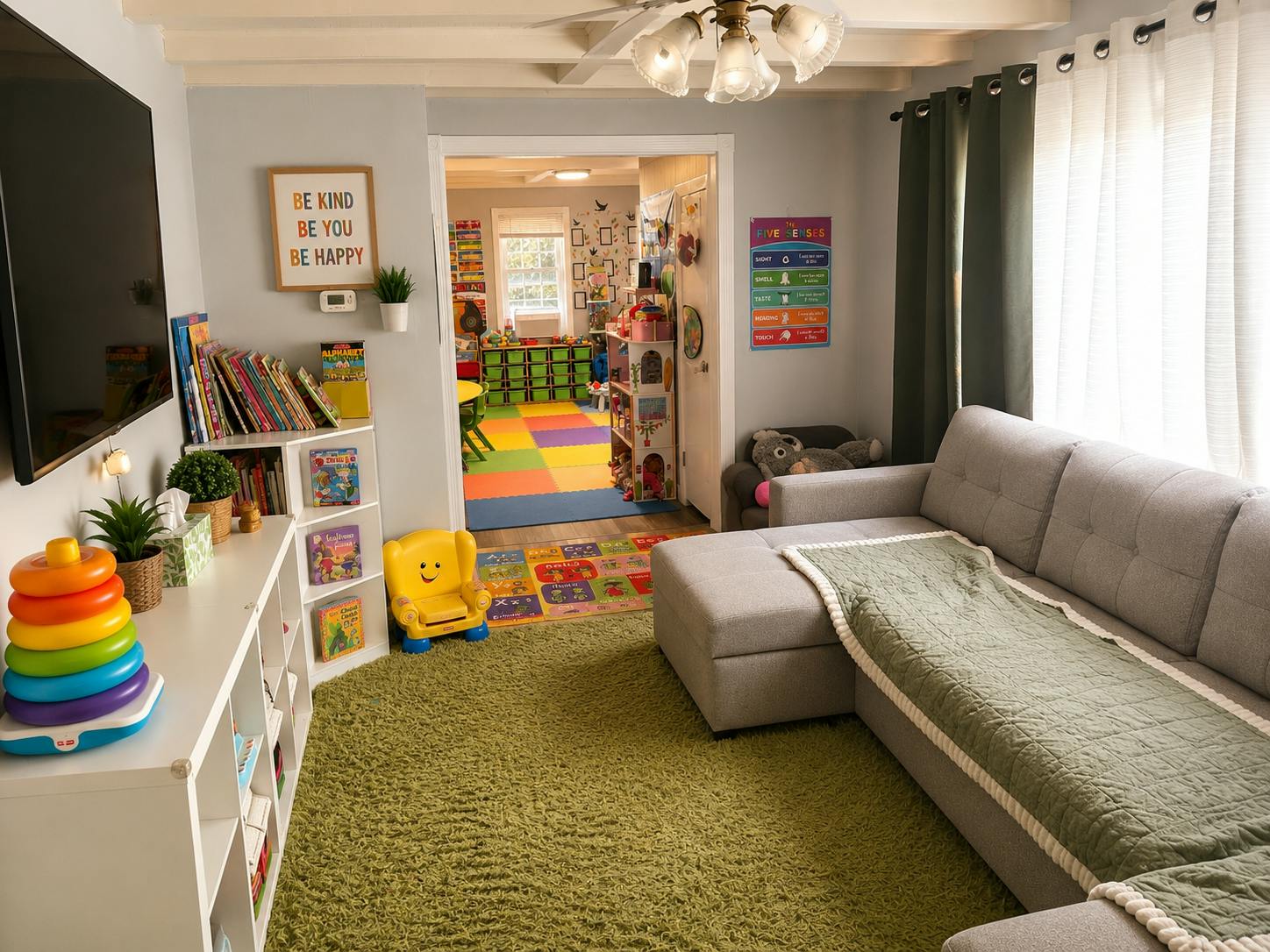 Playroom with a grey sectional sofa, children's toys, and an adjacent room