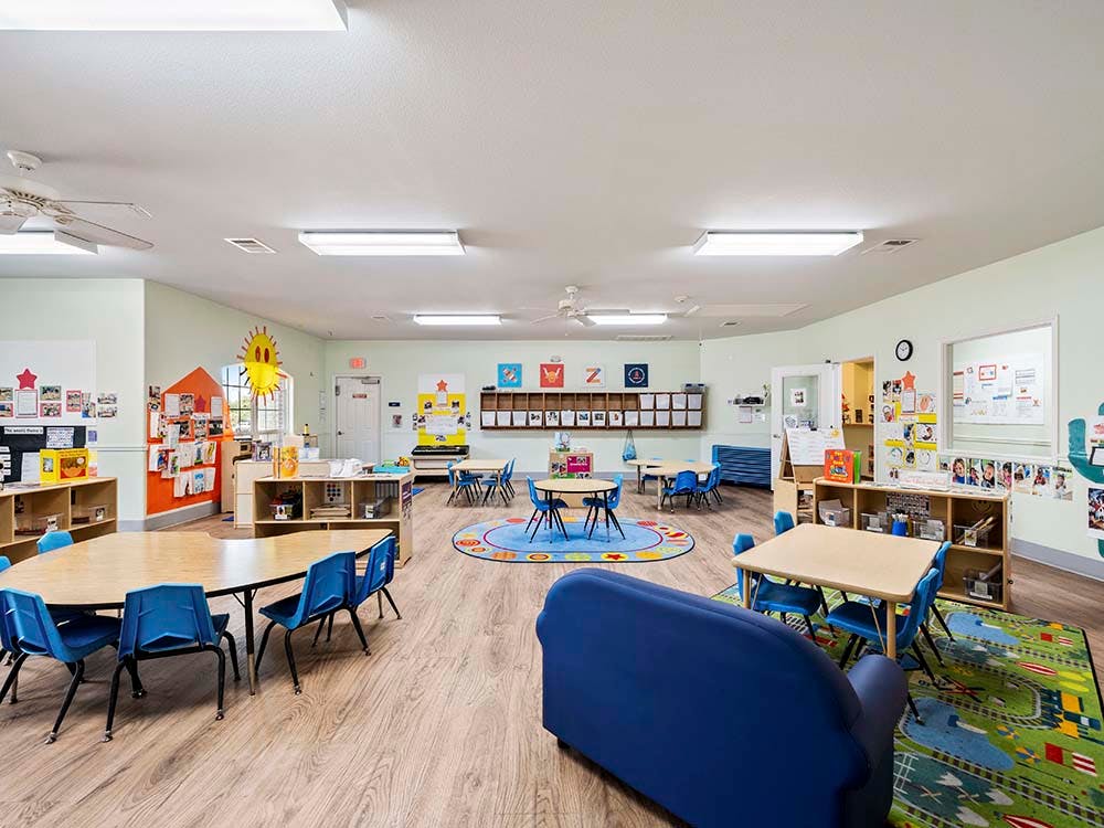 Empty classroom with small tables and chairs