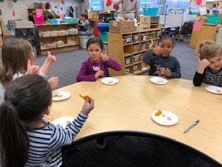Children sitting at a table with plates, some giving thumbs up