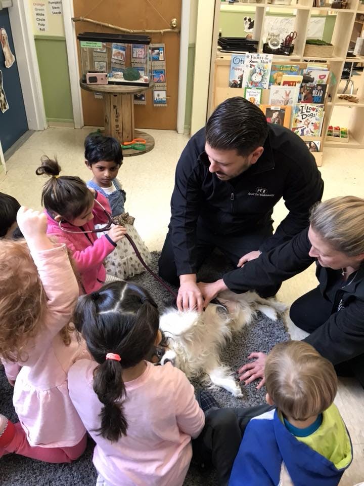 Adults and children gathered around a dog on the floor
