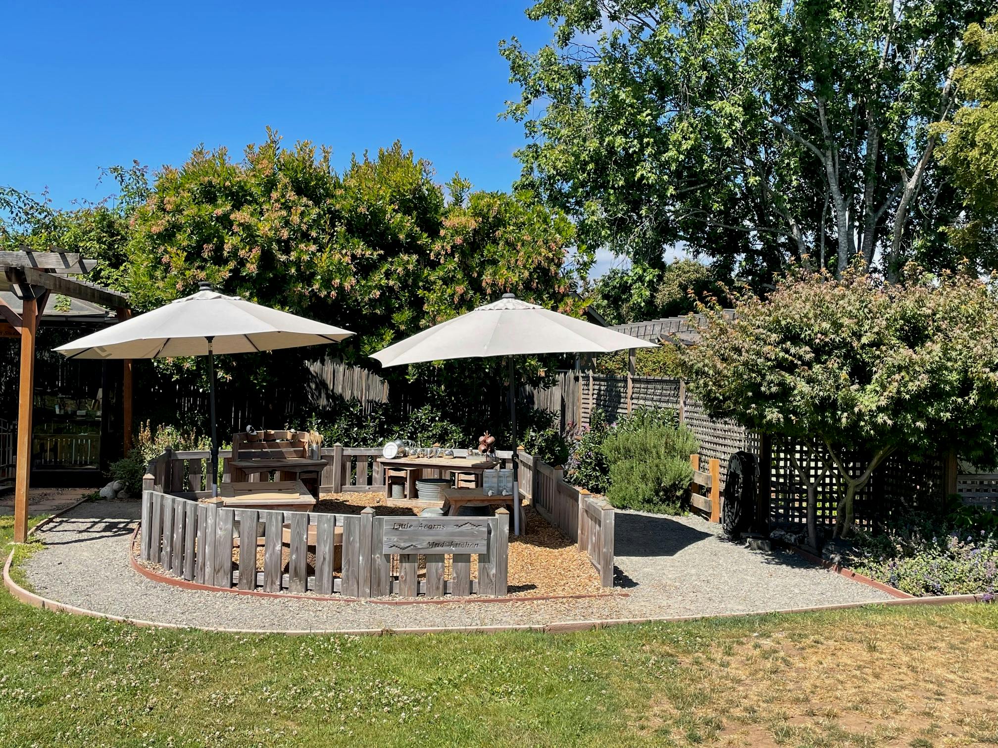 Outdoor seating area with two umbrellas and wooden benches