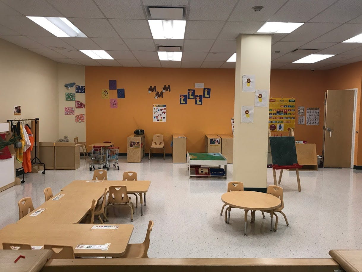 Empty classroom with small tables and chairs