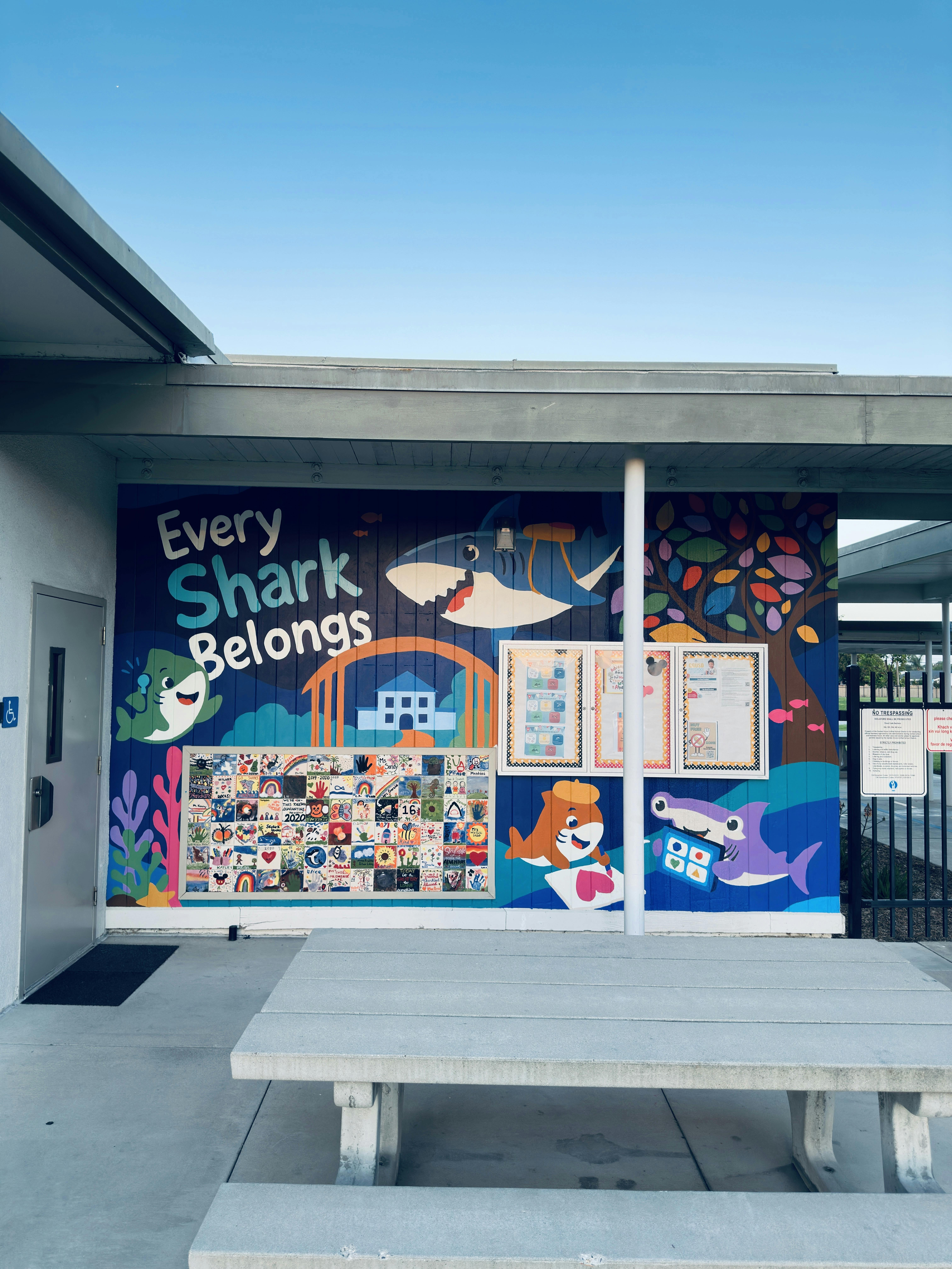 Mural featuring cartoon sharks and the text Every Shark Belongs