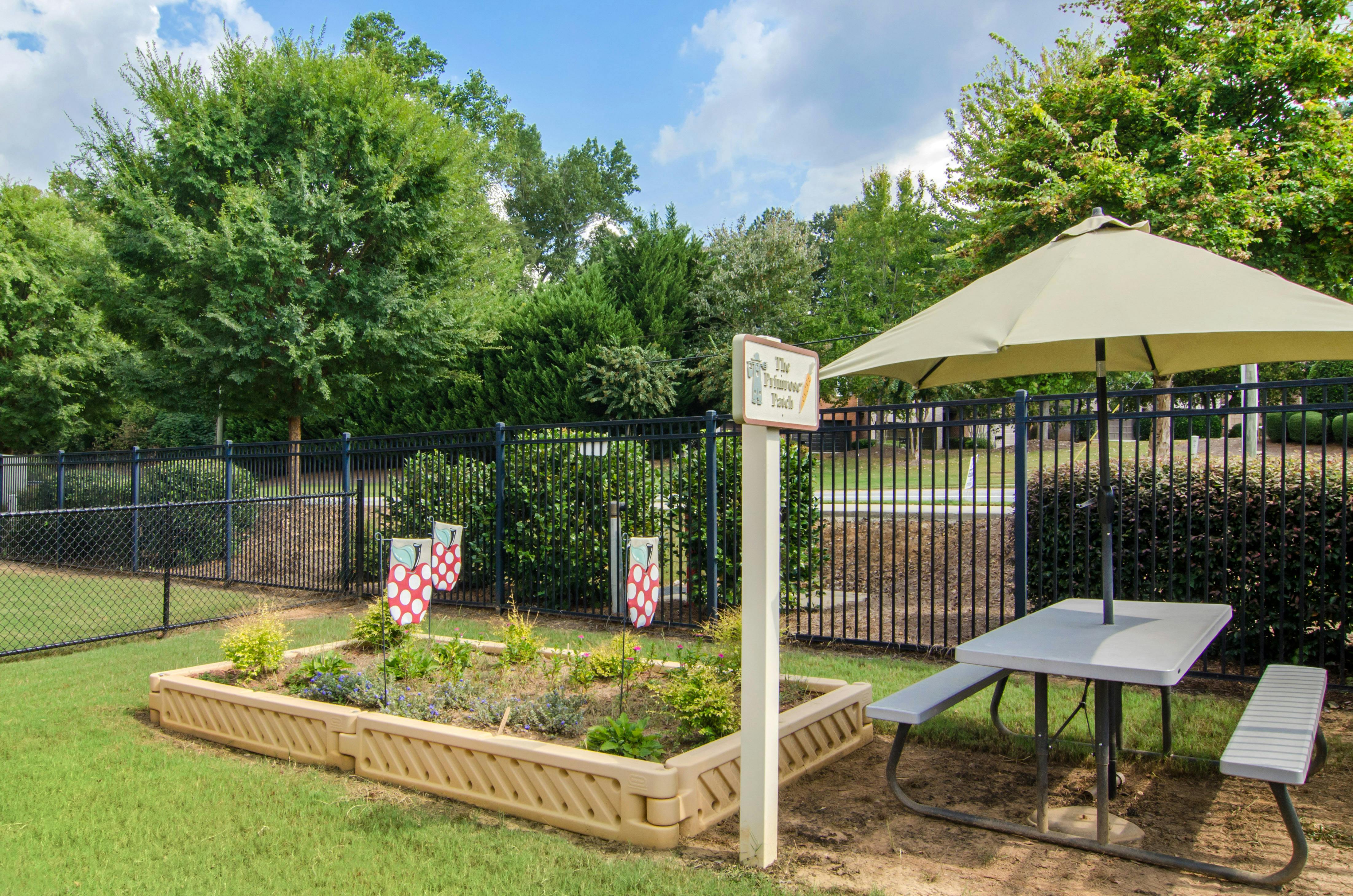An outdoor garden patch with a sign that reads "The Primrose Patch" and a picnic table