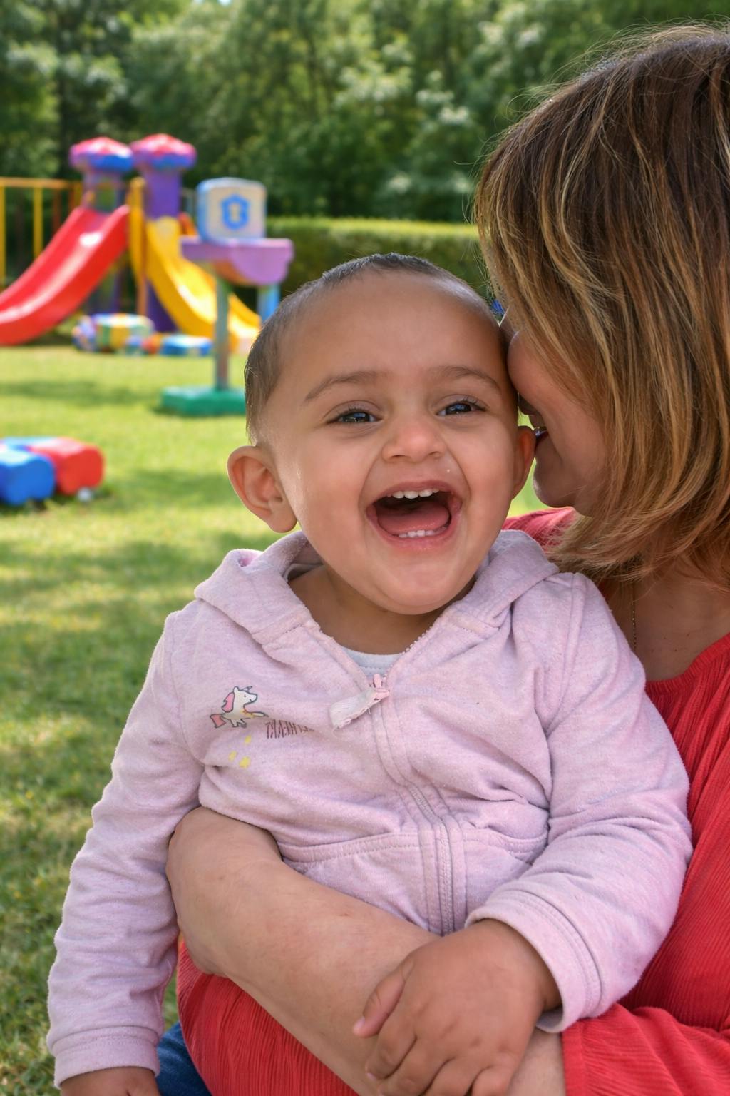 Laughing child held by a person, playground in background