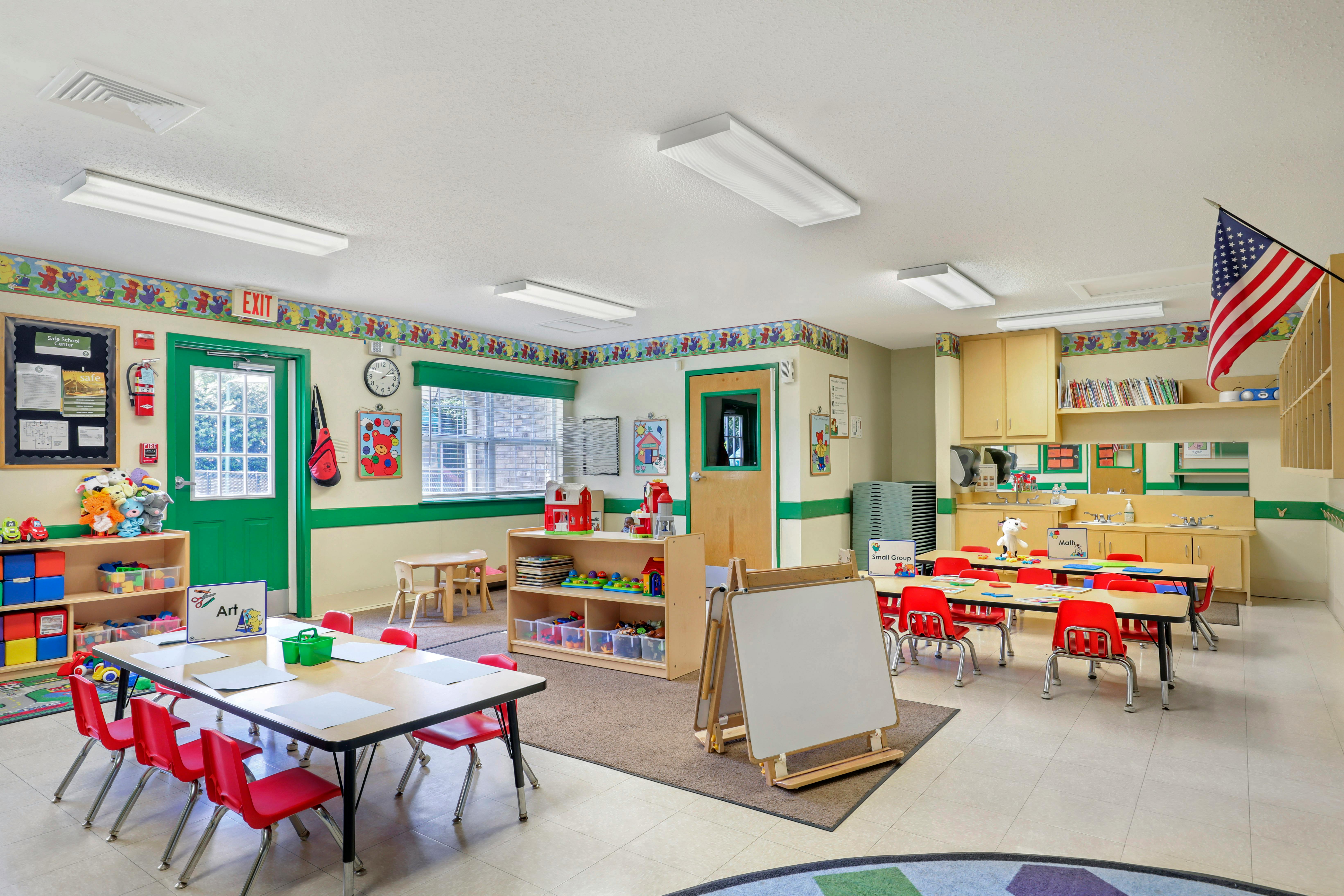 An empty early childhood classroom with colorful decor