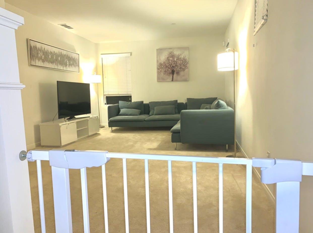 Living room with a baby gate in the foreground
