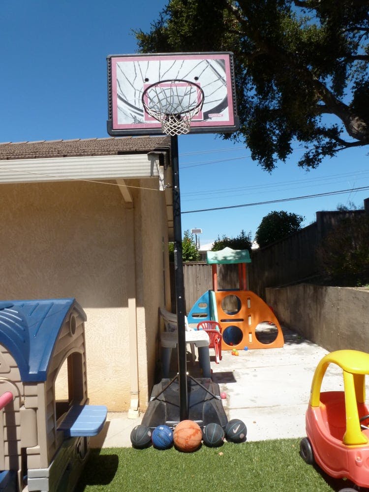 Basketball hoop with several balls on the ground next to a playhouse