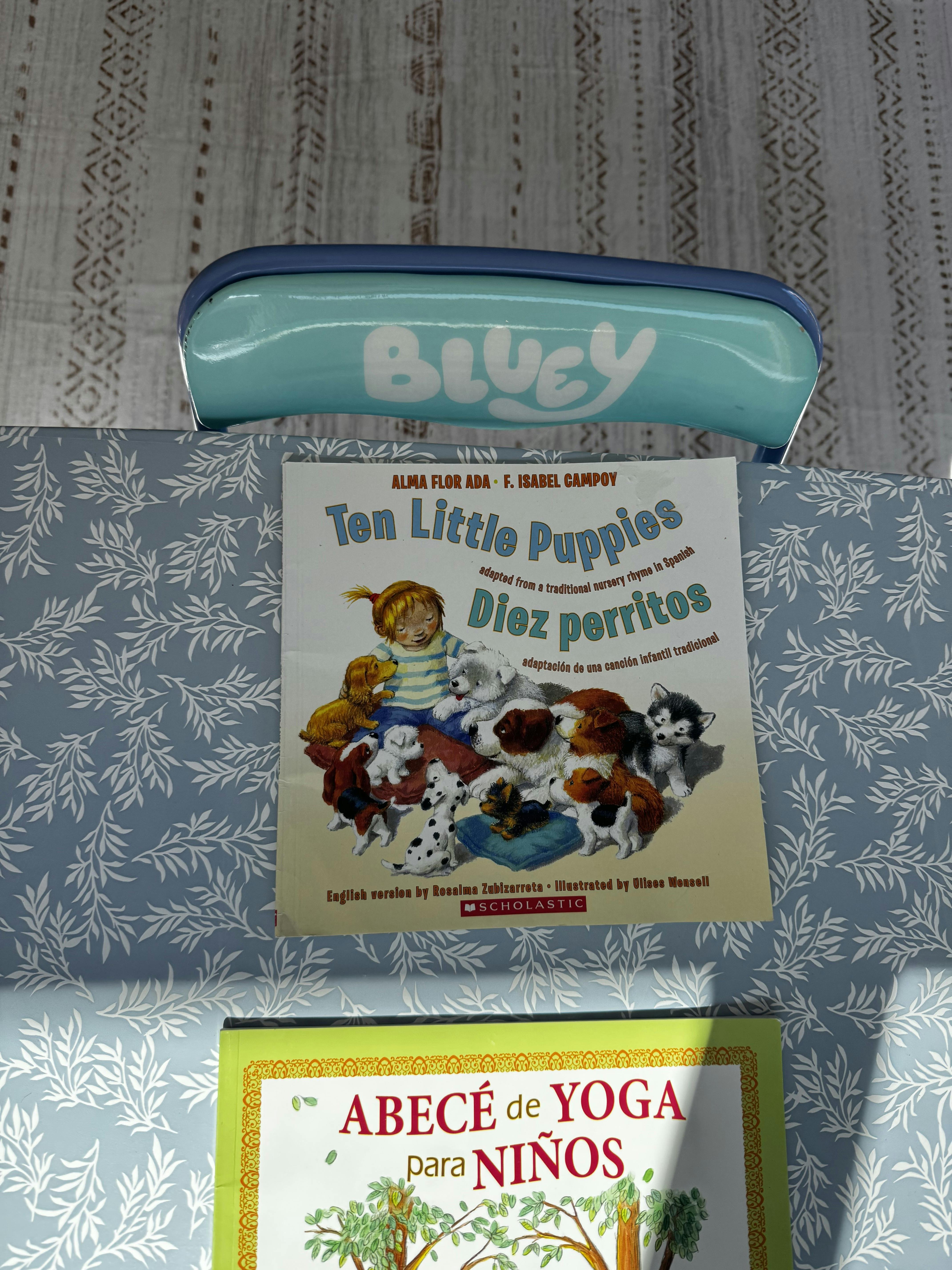 Ten Little Puppies book on a table with a Bluey chair