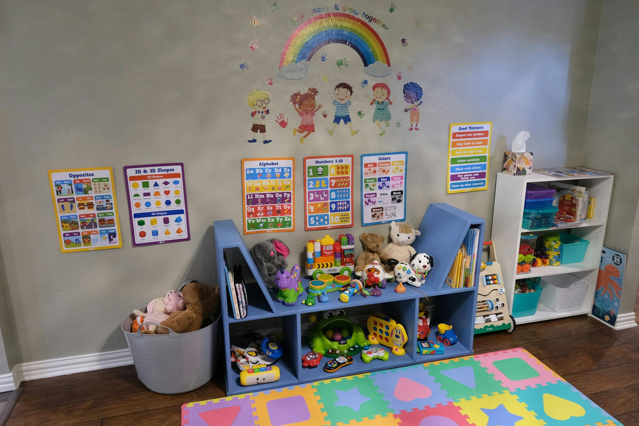 Playroom with toy shelves, colorful rug, and educational posters on the wall