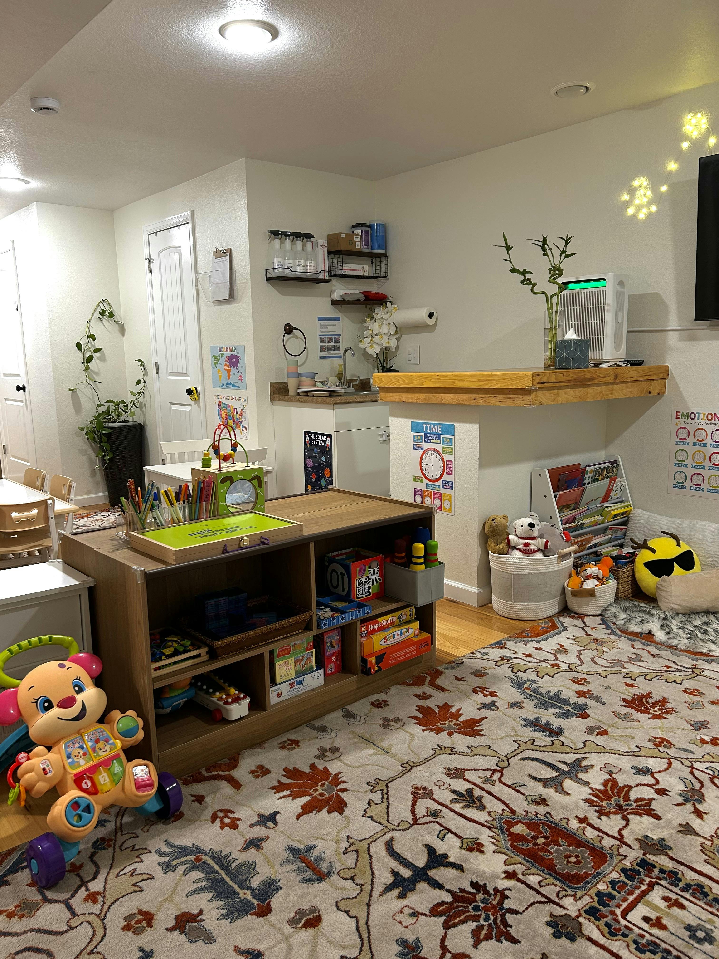 Childcare playroom with toys on shelves and educational posters on walls