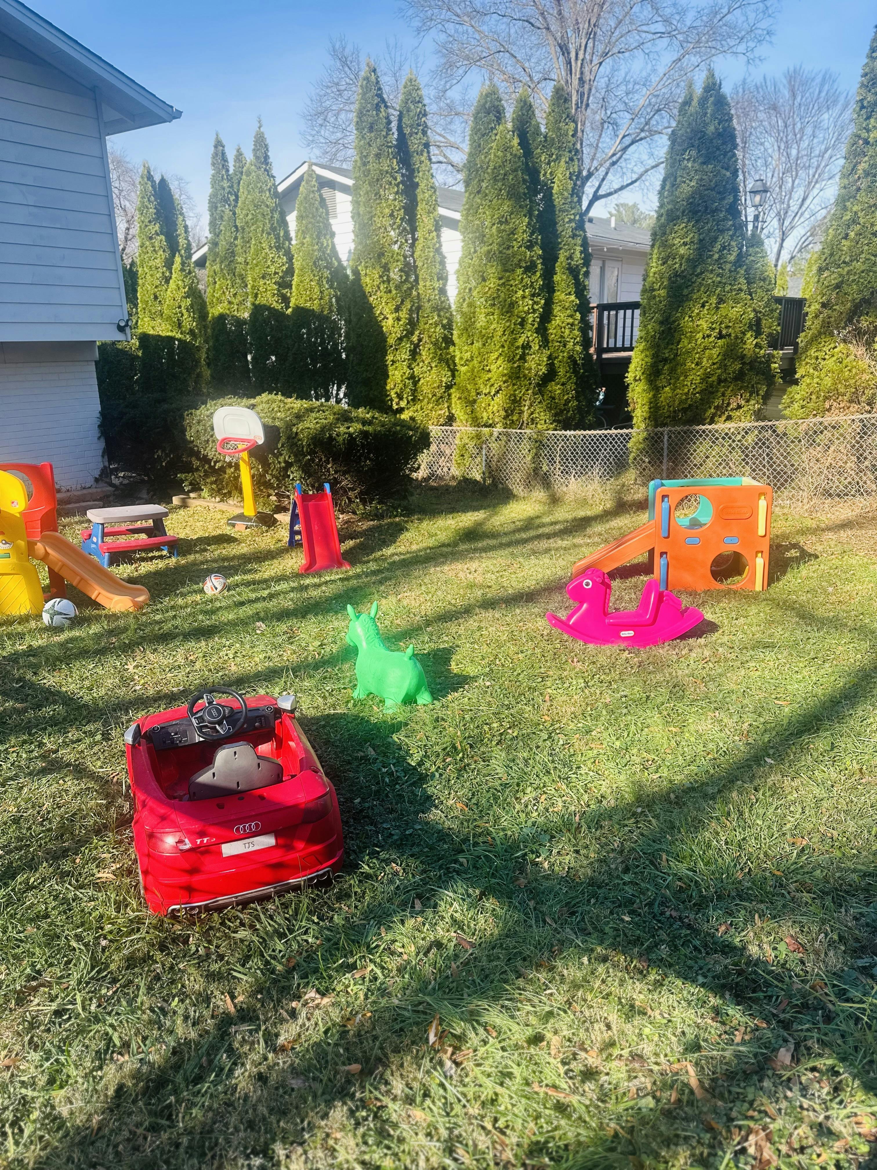 Backyard with various children's play equipment on grass