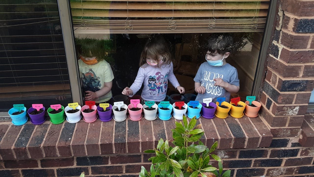 Three children looking out a window at small potted plants