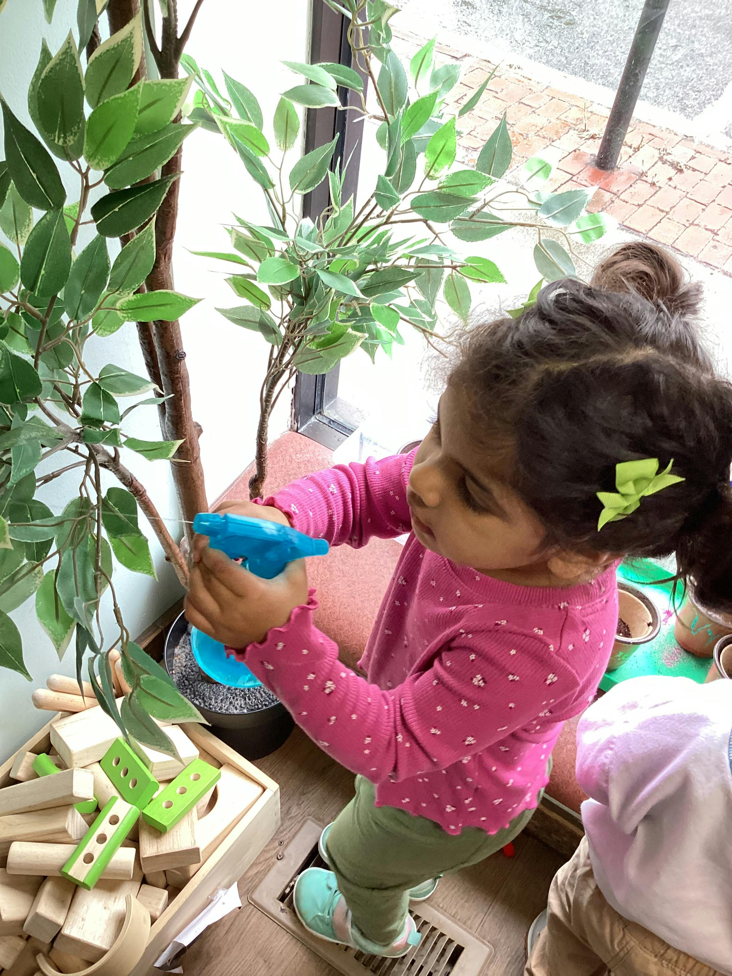 Child spraying a plant with a spray bottle
