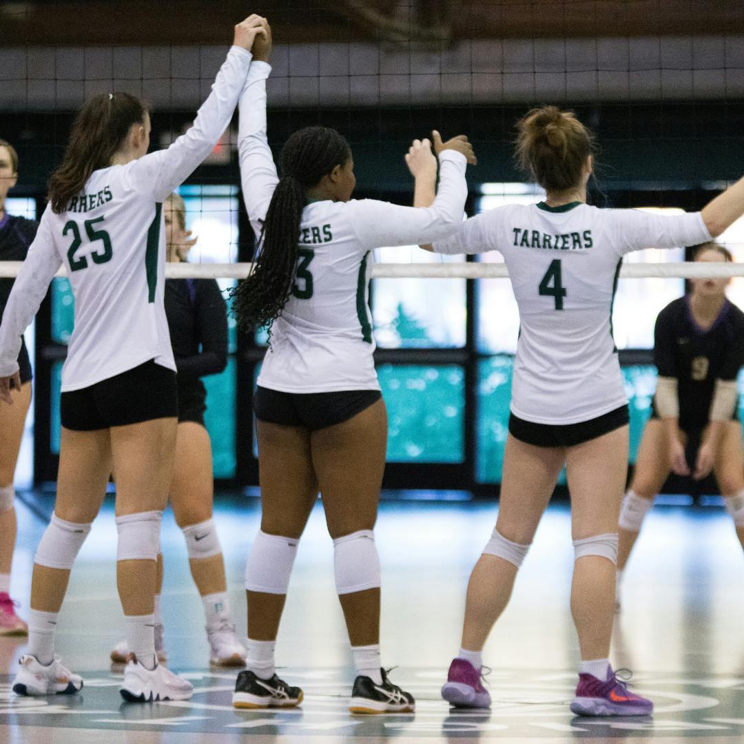 Three volleyball players with raised arms at the net, two holding hands