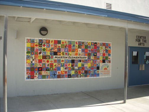 Mural of colorful squares with "Martin Elementary" text on a building wall