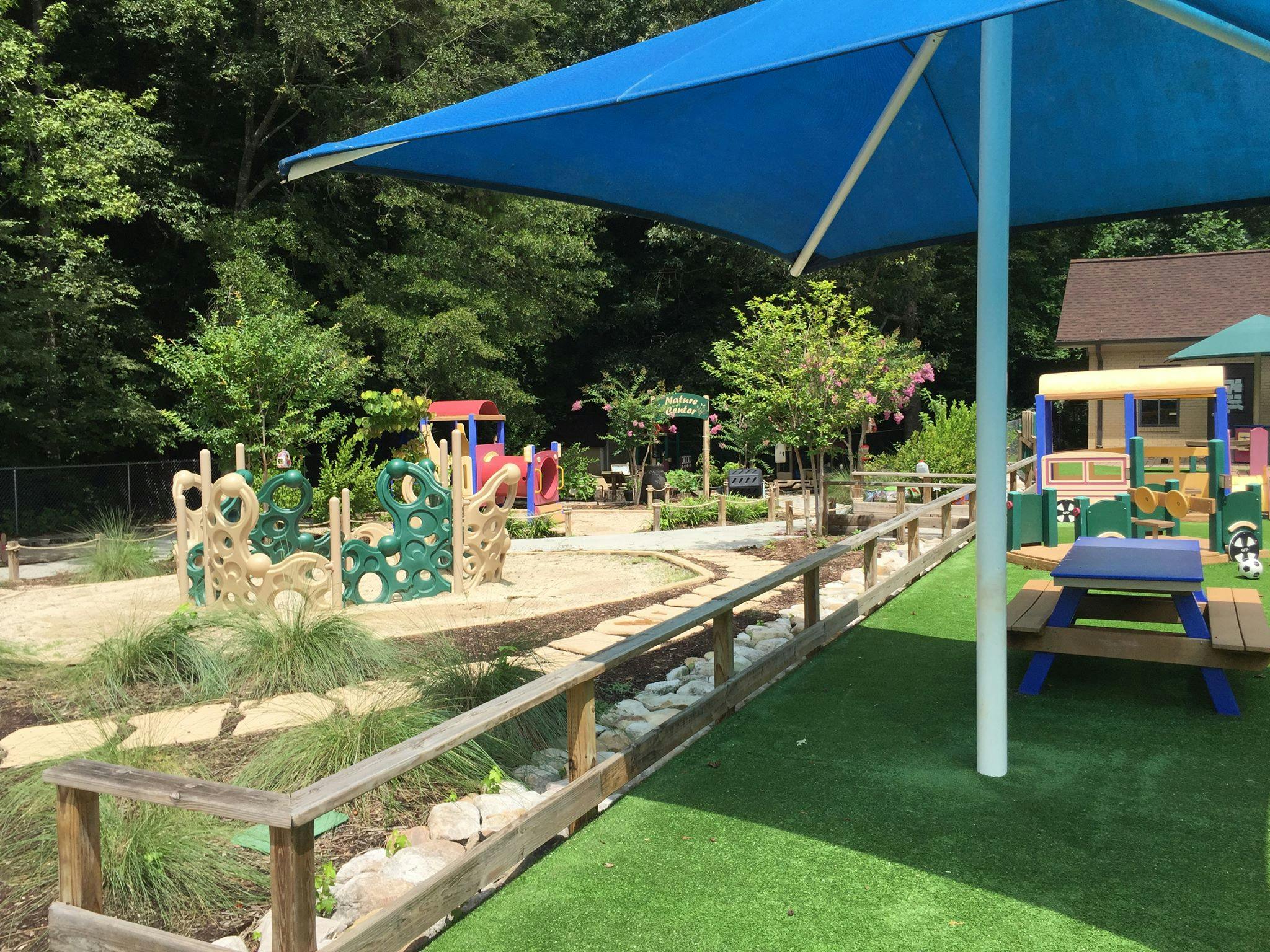 Playground with sand, play structures, and a blue shade canopy