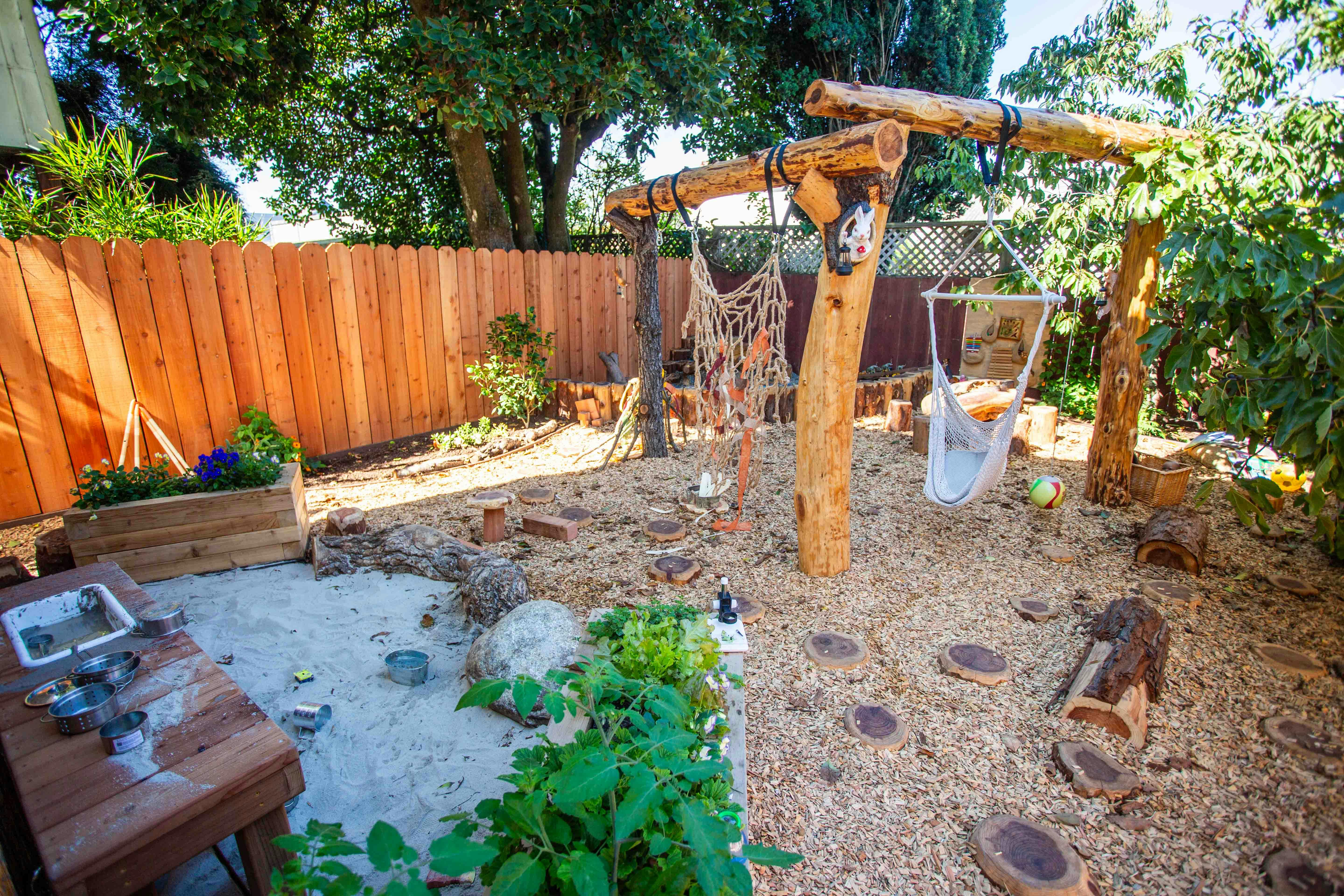 Outdoor play area with sand, wooden structures, and swings