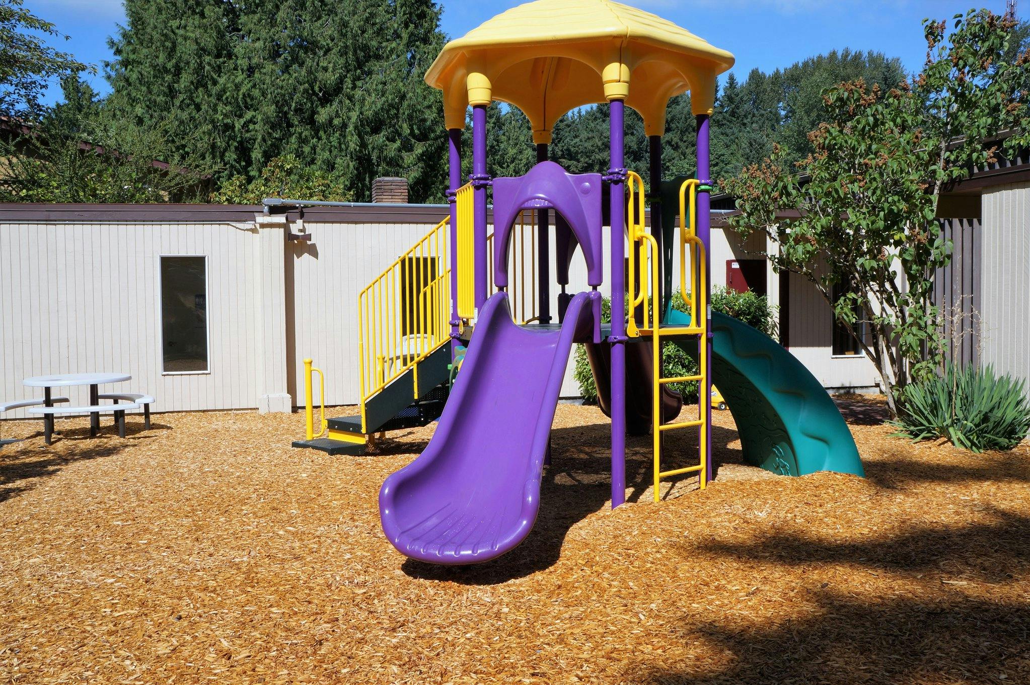 Playground with purple and yellow structure and slides on wood chips
