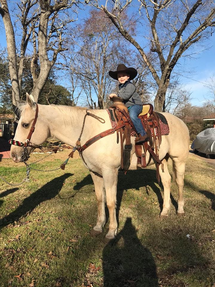 Child in a cowboy hat riding a horse