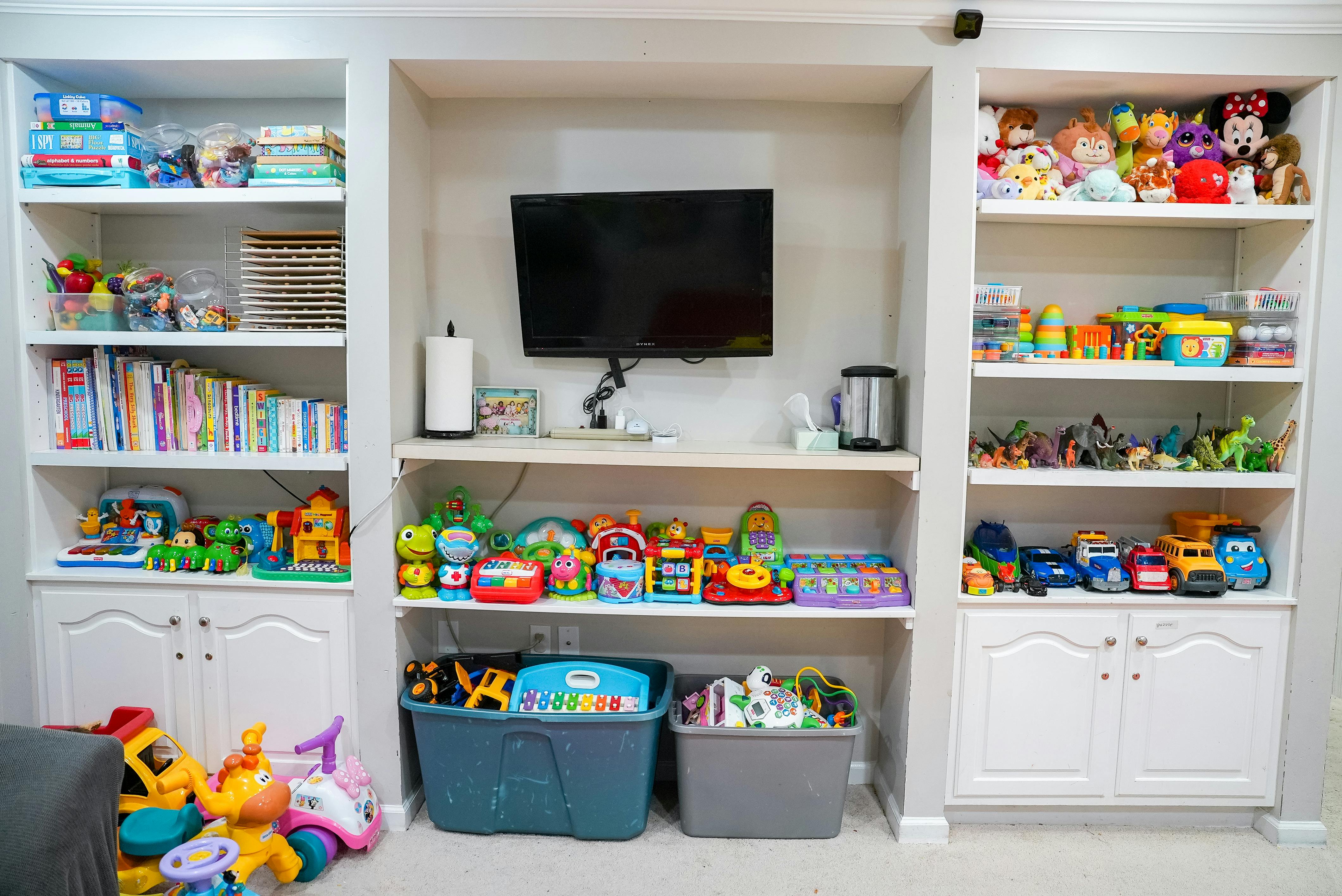 Built-in shelves filled with toys, books, and a television