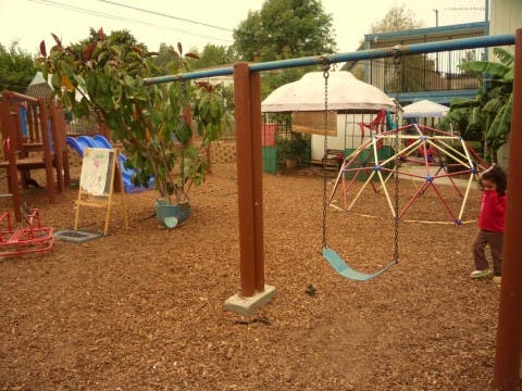 Child standing next to a swing set and climbing dome on a playground
