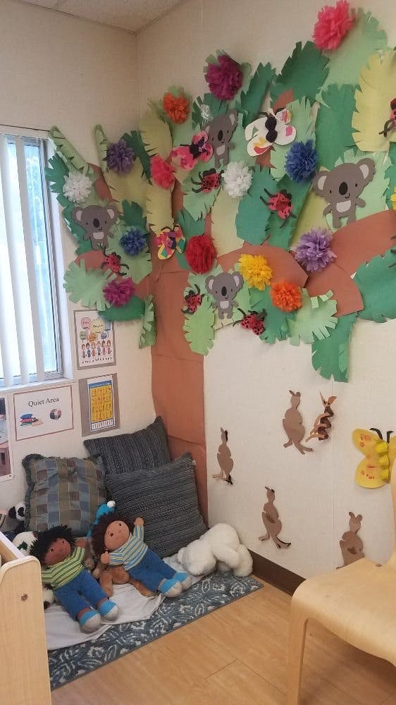 Wall decorated with a paper tree, koalas, ladybugs, and kangaroos