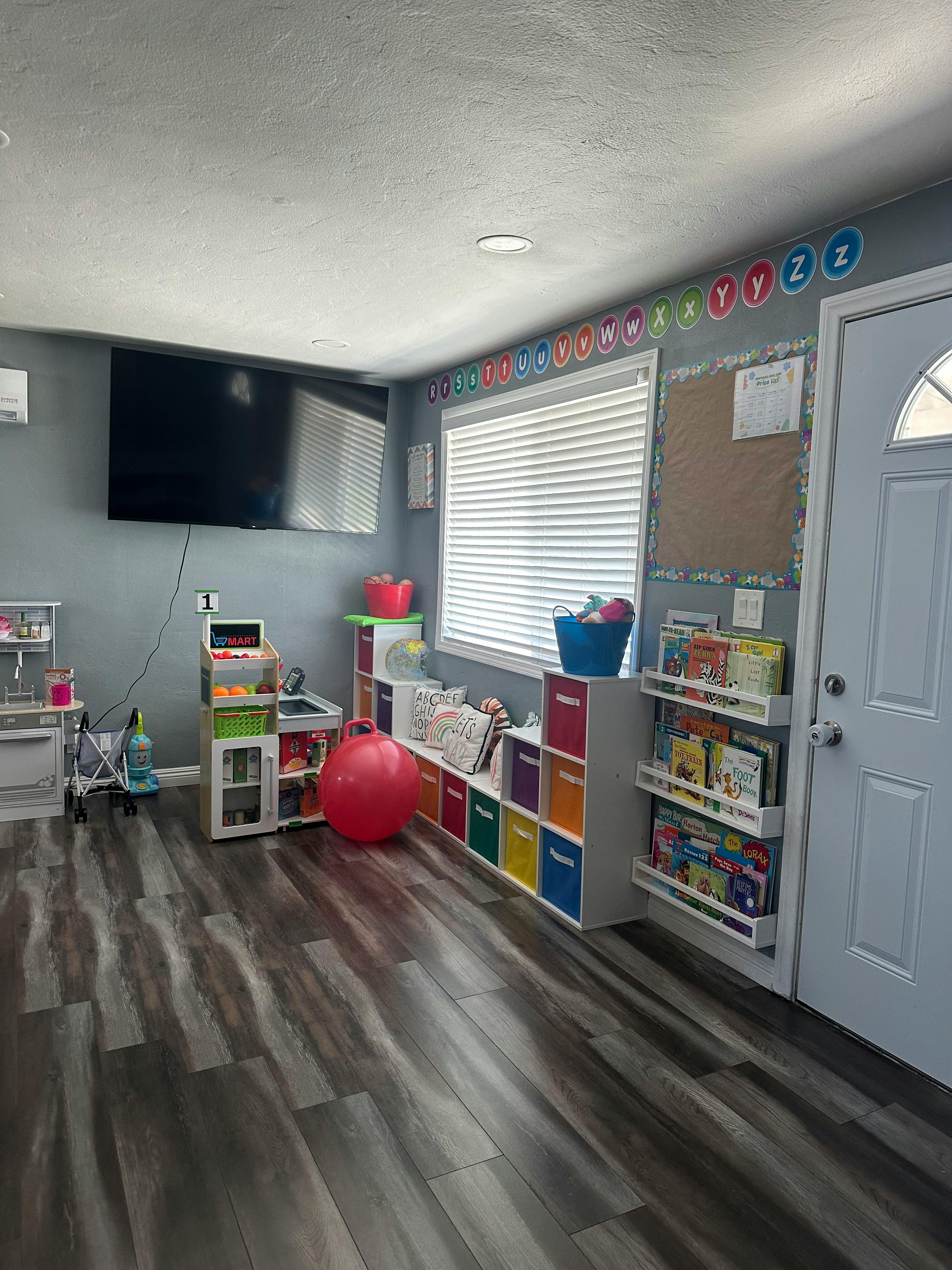 Playroom with toys, storage, and a television