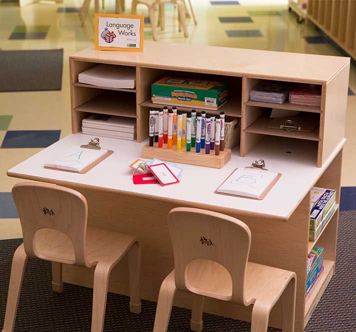 Children's desk with two chairs, markers, and clipboards