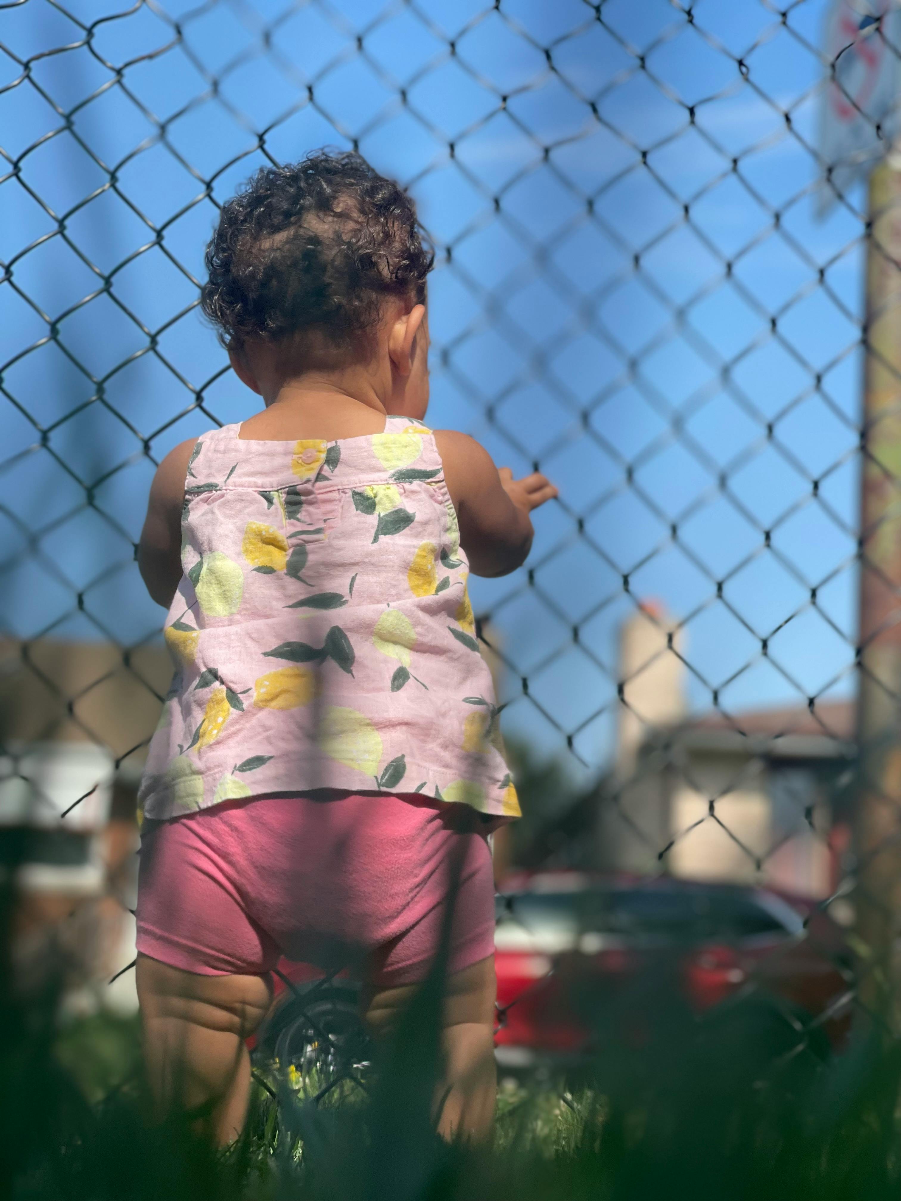 Child looking through a chain link fence