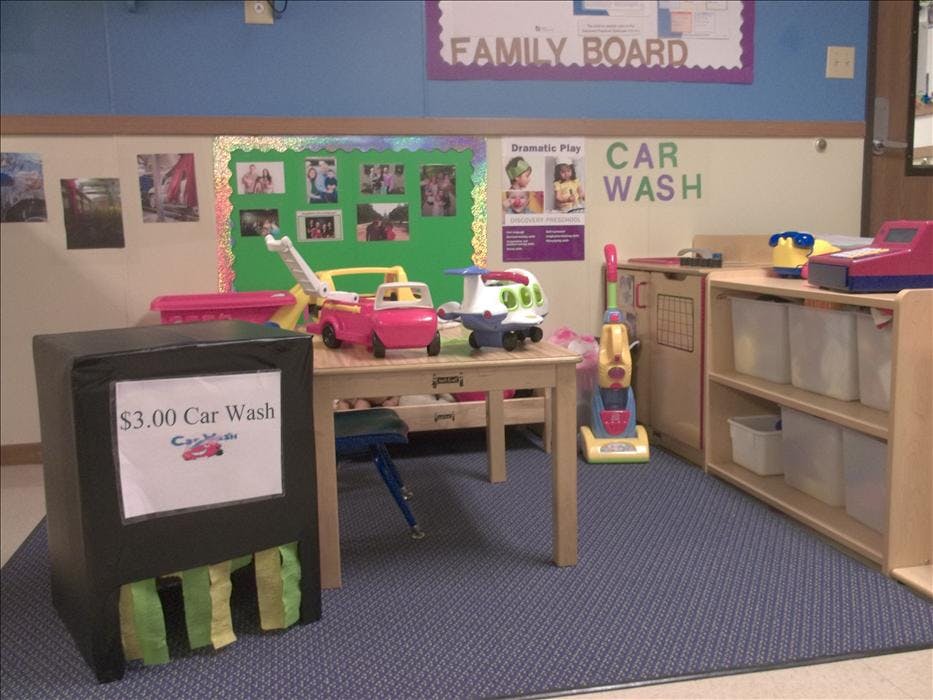 toy car wash station and other play items in a classroom