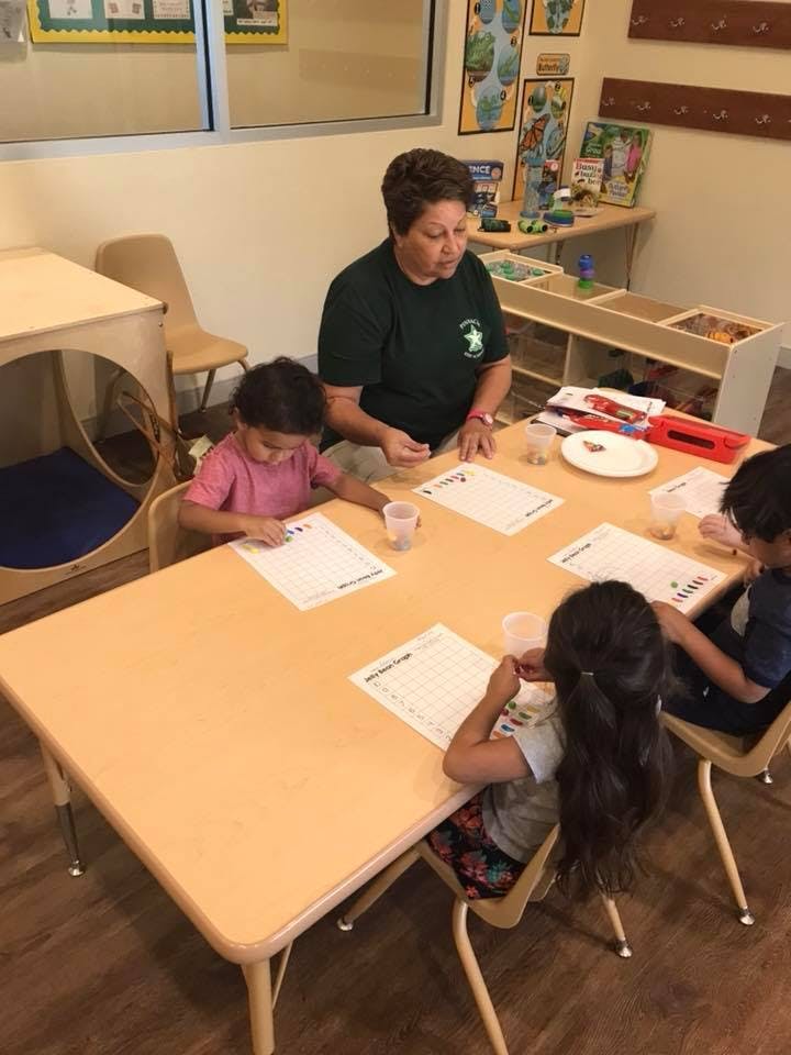 Adult and children at a table with papers and cups